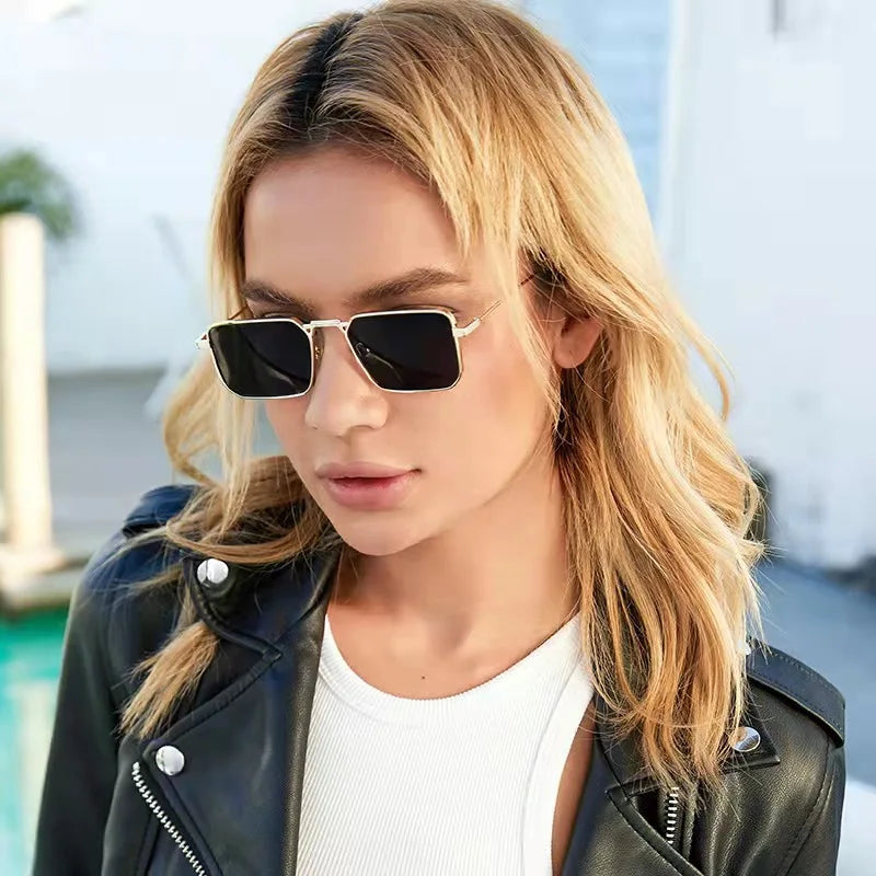 Vintage High Quality Rectangle Metal Frame Sunglasses Women Men Black Shades Eyewear UV400 Sunshade Glasses