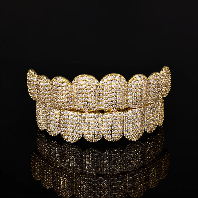 Hip Hop Full CZ Stones Teeth Grillz Caps Cubic Zircon Iced Out Micro Pave Top&Bottom Charm Grills For Men Women Jewelry