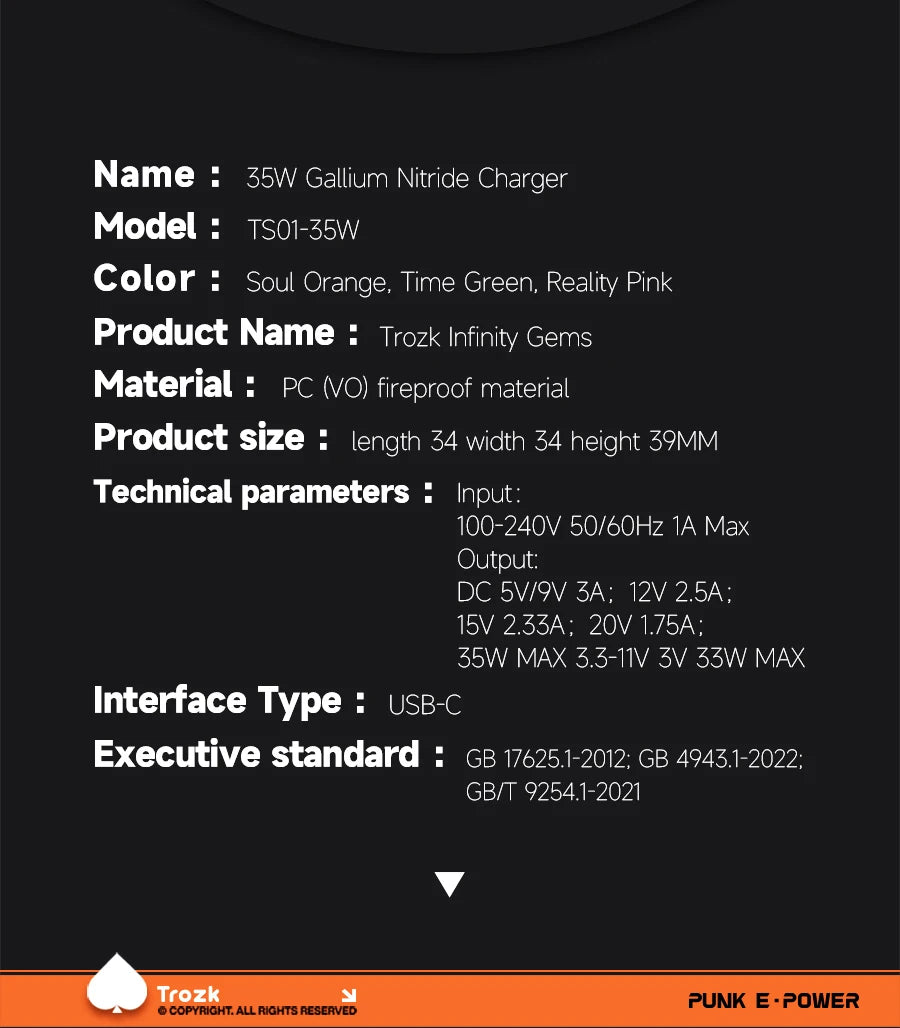 Trozk TS01-35w Infinite Gem 35w Gallium Nitride Fast Charging Head Charger Head Pd Charging Plug for iPhone Charger Adapter