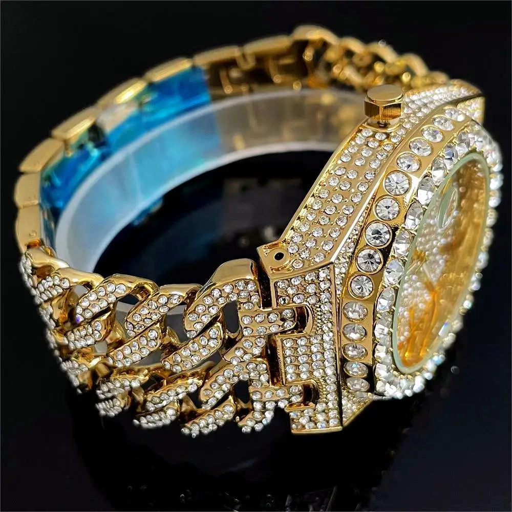 New Luxury  Watch For Men Brand MISSFOX Hip Hop Iced Out Diamond Watches Fashion Cuban Chain Quartz Clock 2025 Man Dropshipping
