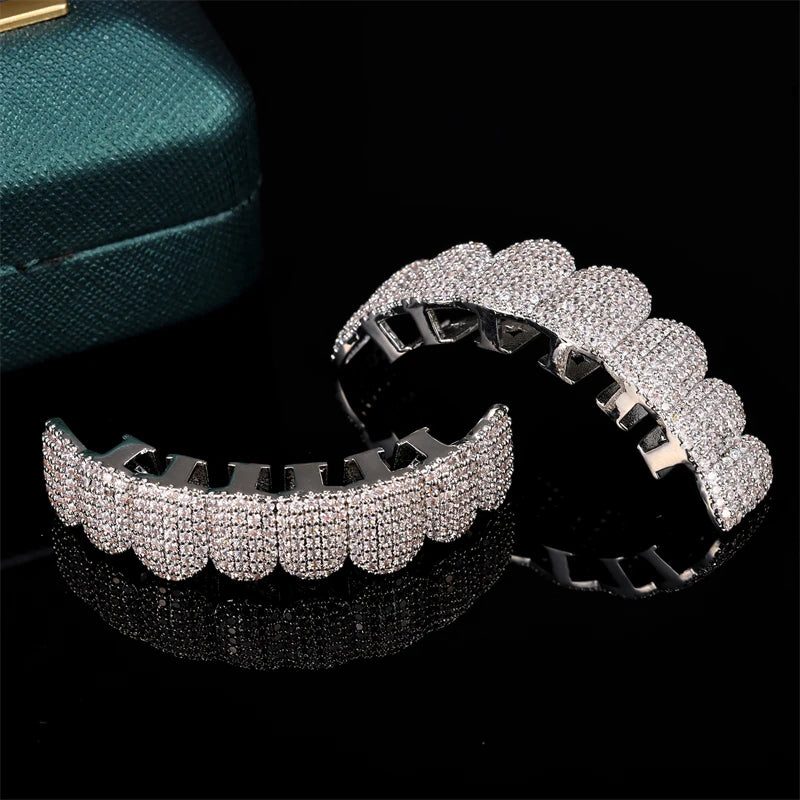Hip Hop Full CZ Stones Teeth Grillz Caps Cubic Zircon Iced Out Micro Pave Top&Bottom Charm Grills For Men Women Jewelry