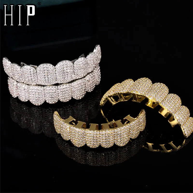 Hip Hop Full CZ Stones Teeth Grillz Caps Cubic Zircon Iced Out Micro Pave Top&Bottom Charm Grills For Men Women Jewelry