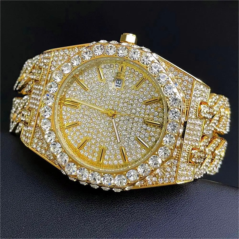New Luxury  Watch For Men Brand MISSFOX Hip Hop Iced Out Diamond Watches Fashion Cuban Chain Quartz Clock 2025 Man Dropshipping