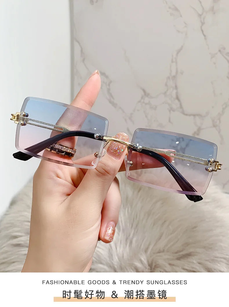 Vintage Rimless Rectangle Sunglasses for Women Men Shades Fashion Frameless UV400 Protection Lens Sun Glasses