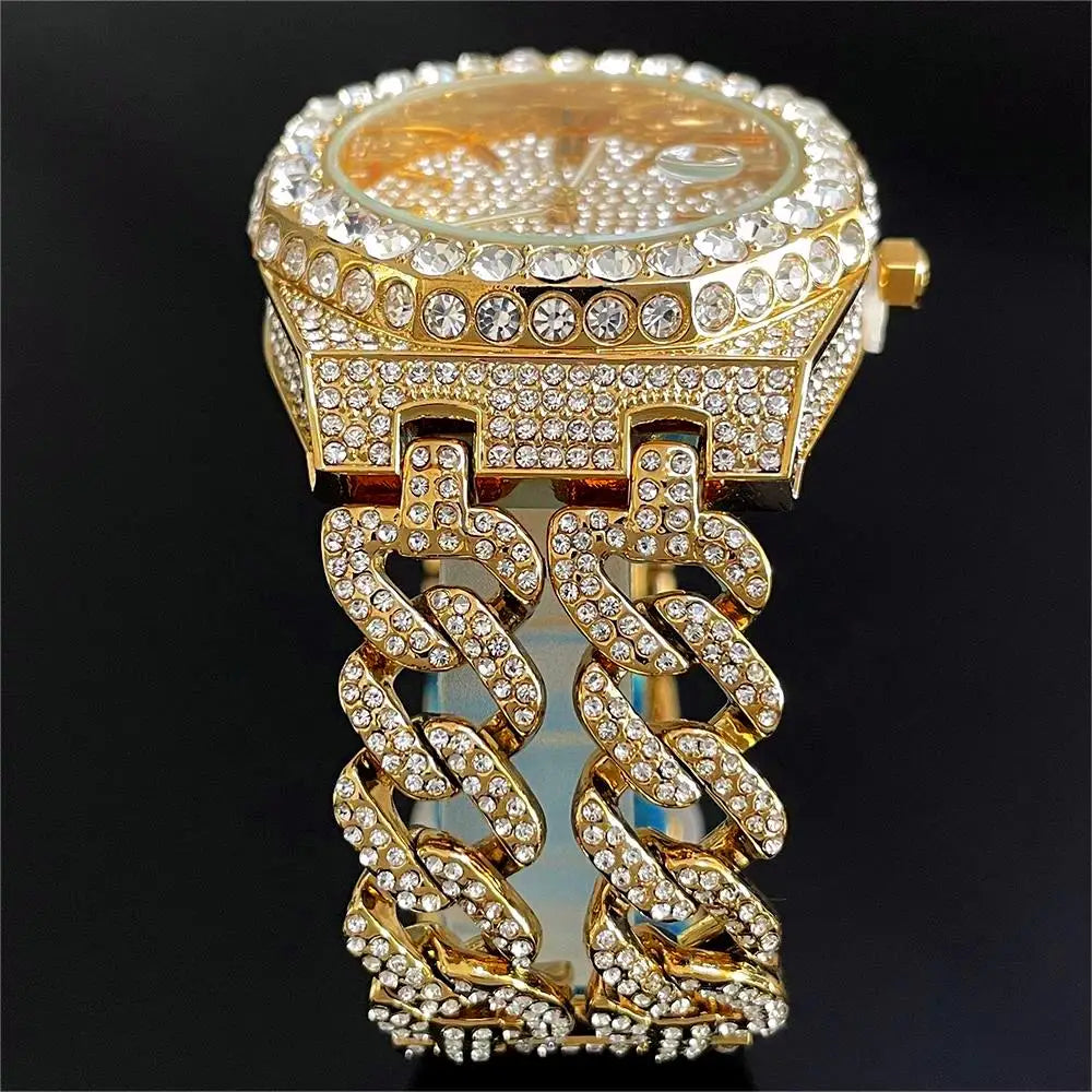 New Luxury  Watch For Men Brand MISSFOX Hip Hop Iced Out Diamond Watches Fashion Cuban Chain Quartz Clock 2025 Man Dropshipping