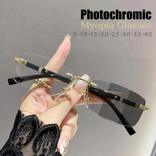 Square Rimless Photochromic Myopia Glasses Men Women Business Anti-UV Nearsighted Eyewear Retro Eyeglasses 0-1.0-4.0