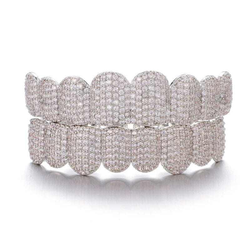 Hip Hop Full CZ Stones Teeth Grillz Caps Cubic Zircon Iced Out Micro Pave Top&Bottom Charm Grills For Men Women Jewelry