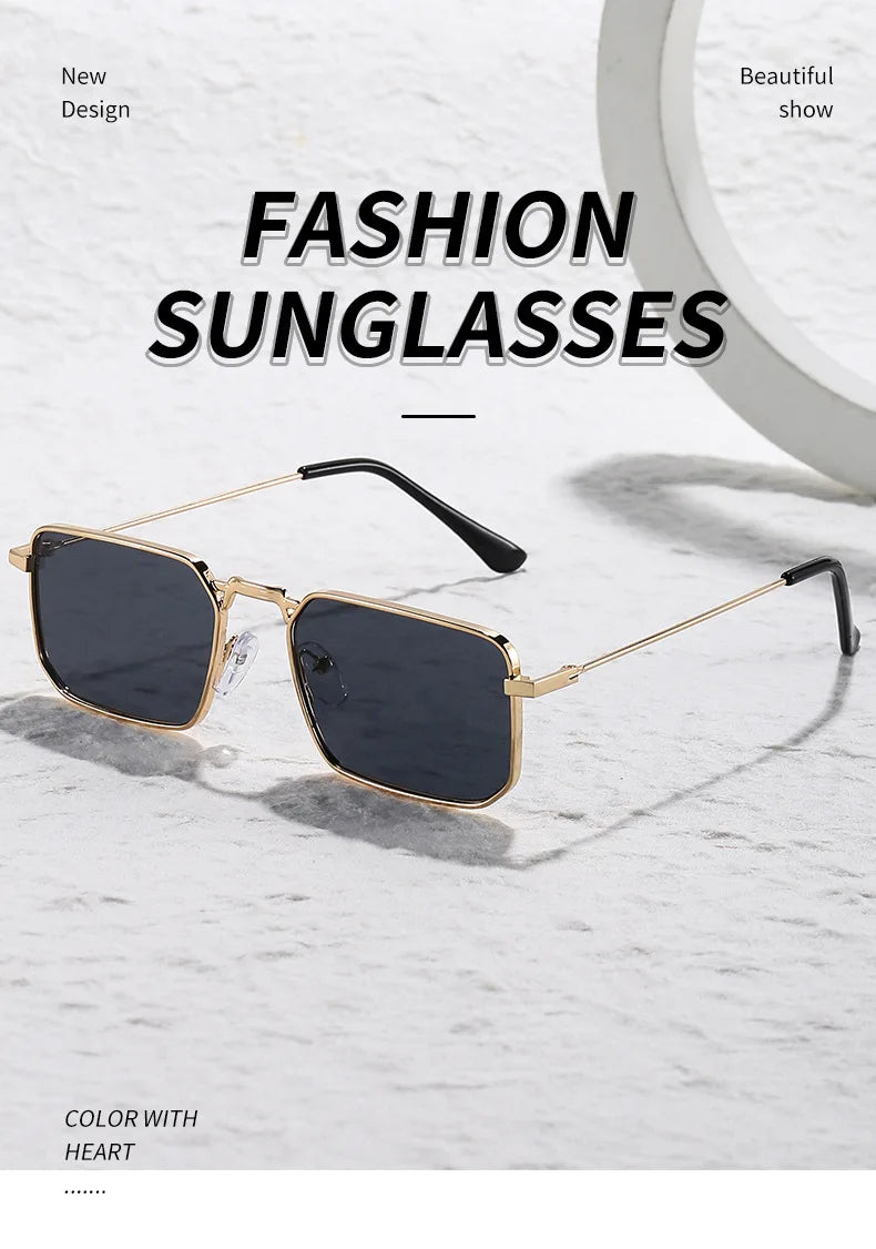 Vintage High Quality Rectangle Metal Frame Sunglasses Women Men Black Shades Eyewear UV400 Sunshade Glasses