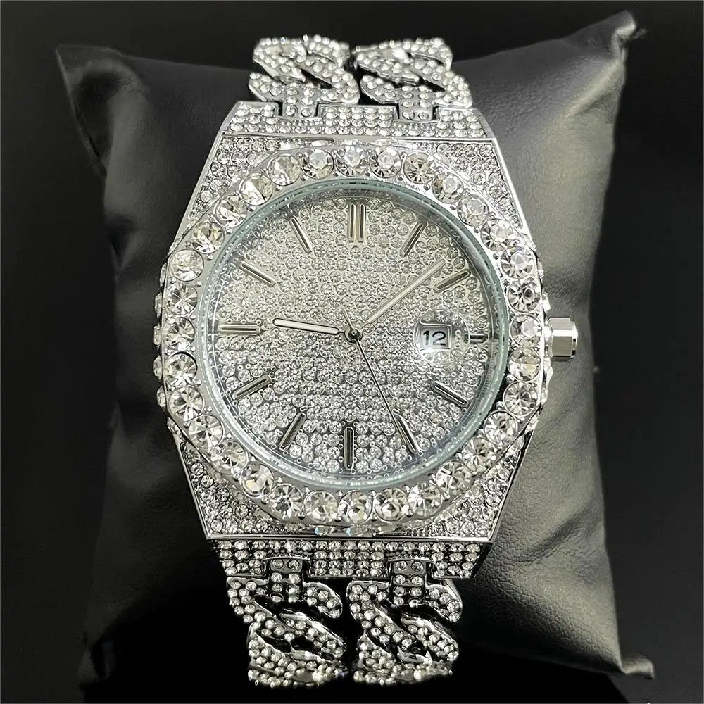 New Luxury  Watch For Men Brand MISSFOX Hip Hop Iced Out Diamond Watches Fashion Cuban Chain Quartz Clock 2025 Man Dropshipping
