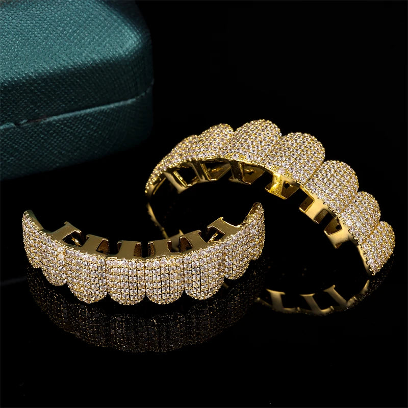 Hip Hop Full CZ Stones Teeth Grillz Caps Cubic Zircon Iced Out Micro Pave Top&Bottom Charm Grills For Men Women Jewelry