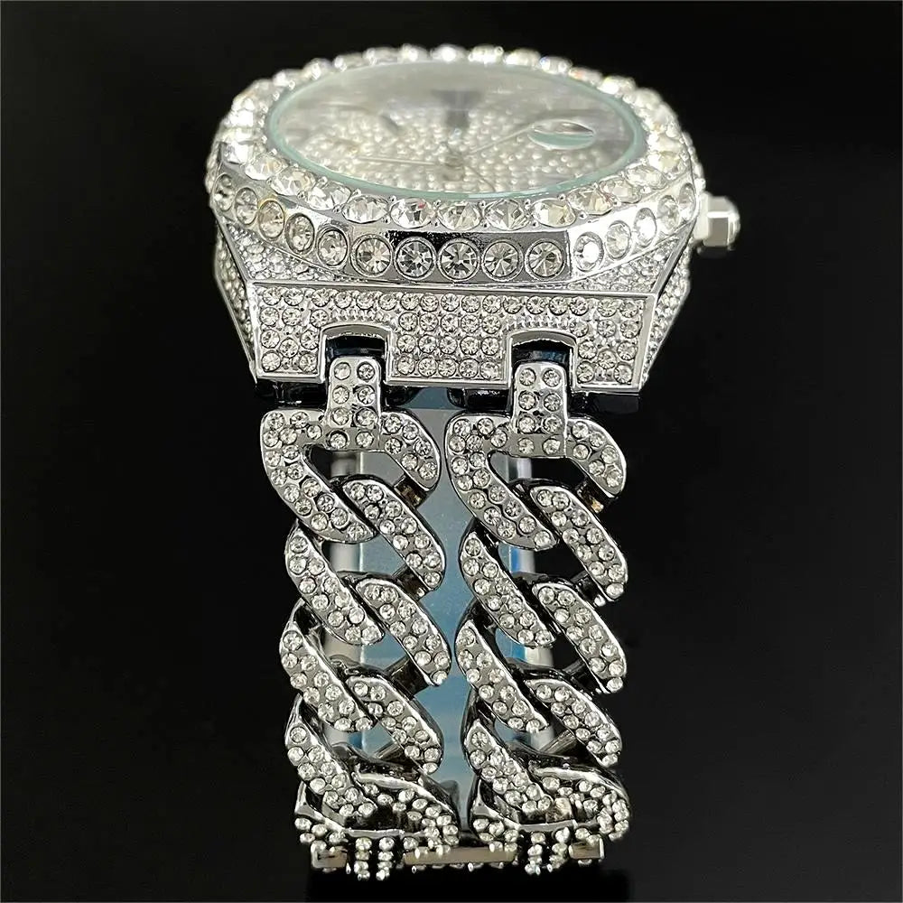 New Luxury  Watch For Men Brand MISSFOX Hip Hop Iced Out Diamond Watches Fashion Cuban Chain Quartz Clock 2025 Man Dropshipping