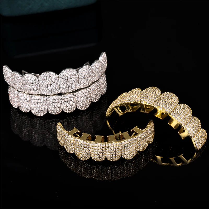 Hip Hop Full CZ Stones Teeth Grillz Caps Cubic Zircon Iced Out Micro Pave Top&Bottom Charm Grills For Men Women Jewelry