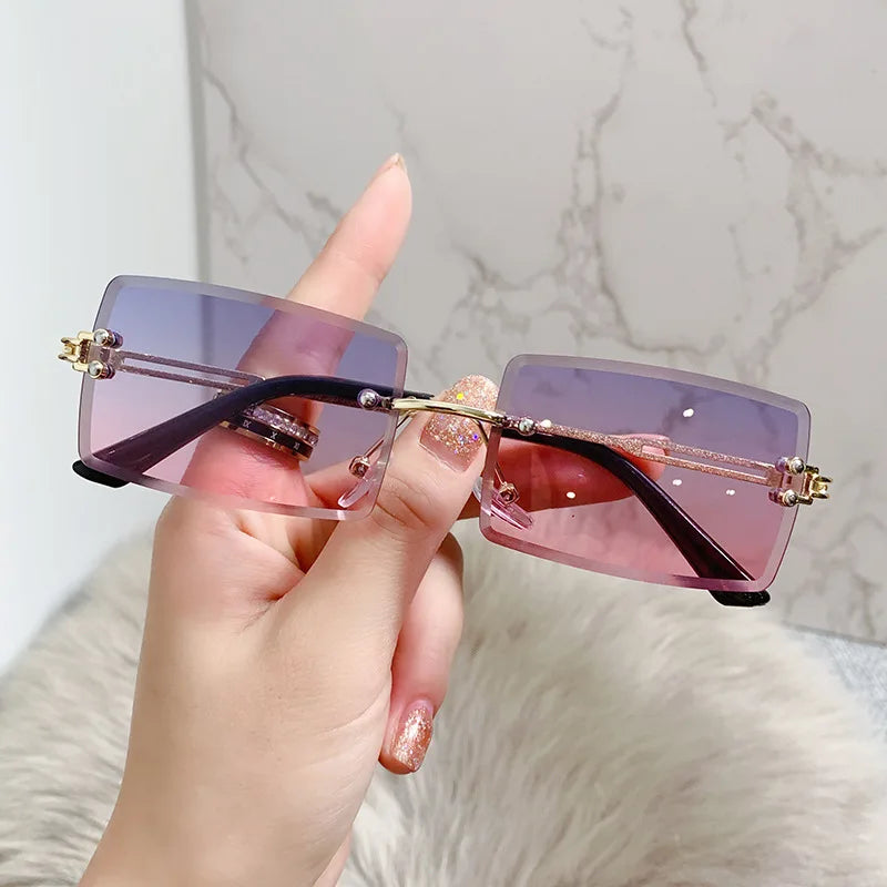 Vintage Rimless Rectangle Sunglasses for Women Men Shades Fashion Frameless UV400 Protection Lens Sun Glasses