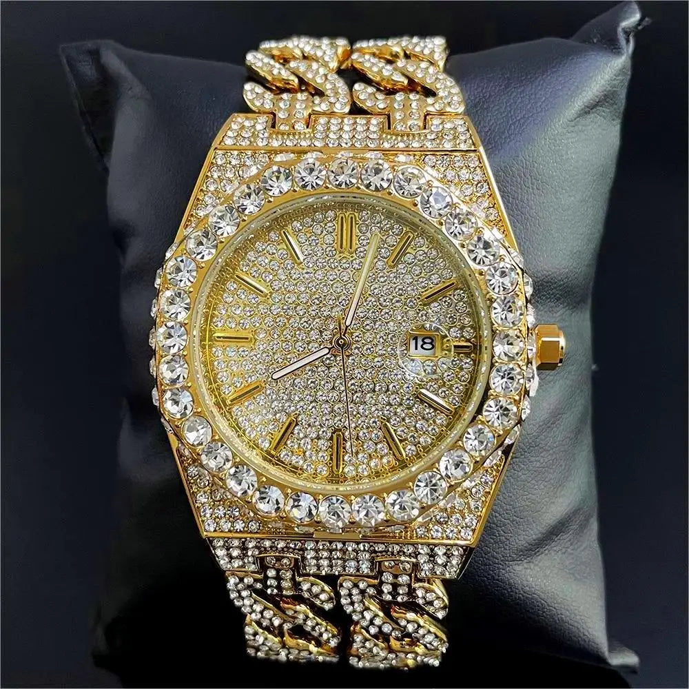 New Luxury  Watch For Men Brand MISSFOX Hip Hop Iced Out Diamond Watches Fashion Cuban Chain Quartz Clock 2025 Man Dropshipping