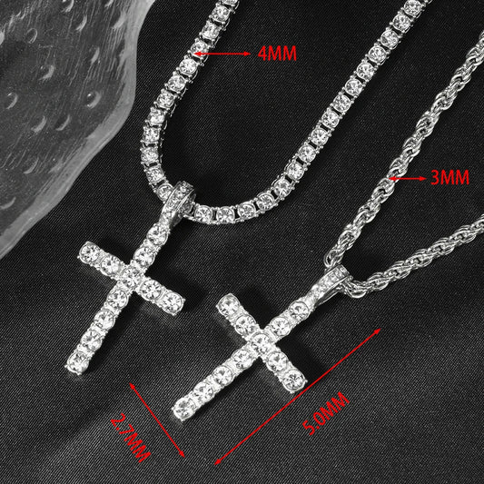 Hip Hop Iced Out Cross Pendant Necklace Strap 4mm Zircon Tennis Chain Men Women Sparkling Necklace Punk Jewelry Fashion Gift