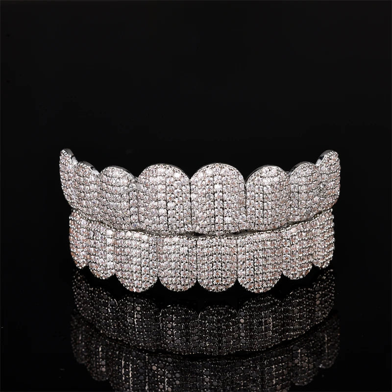 Hip Hop Full CZ Stones Teeth Grillz Caps Cubic Zircon Iced Out Micro Pave Top&Bottom Charm Grills For Men Women Jewelry