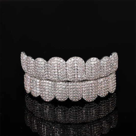 Hip Hop Full CZ Stones Teeth Grillz Caps Cubic Zircon Iced Out Micro Pave Top&Bottom Charm Grills For Men Women Jewelry