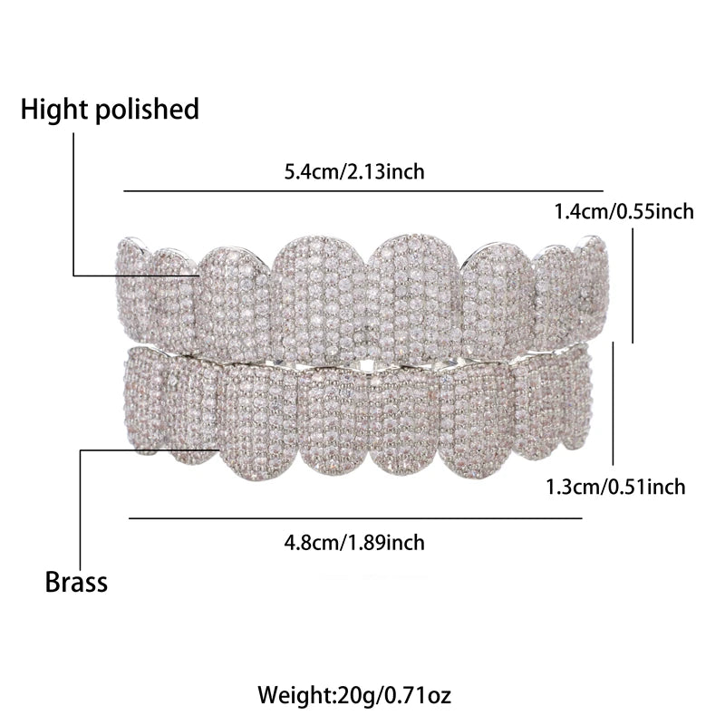 Hip Hop Full CZ Stones Teeth Grillz Caps Cubic Zircon Iced Out Micro Pave Top&Bottom Charm Grills For Men Women Jewelry