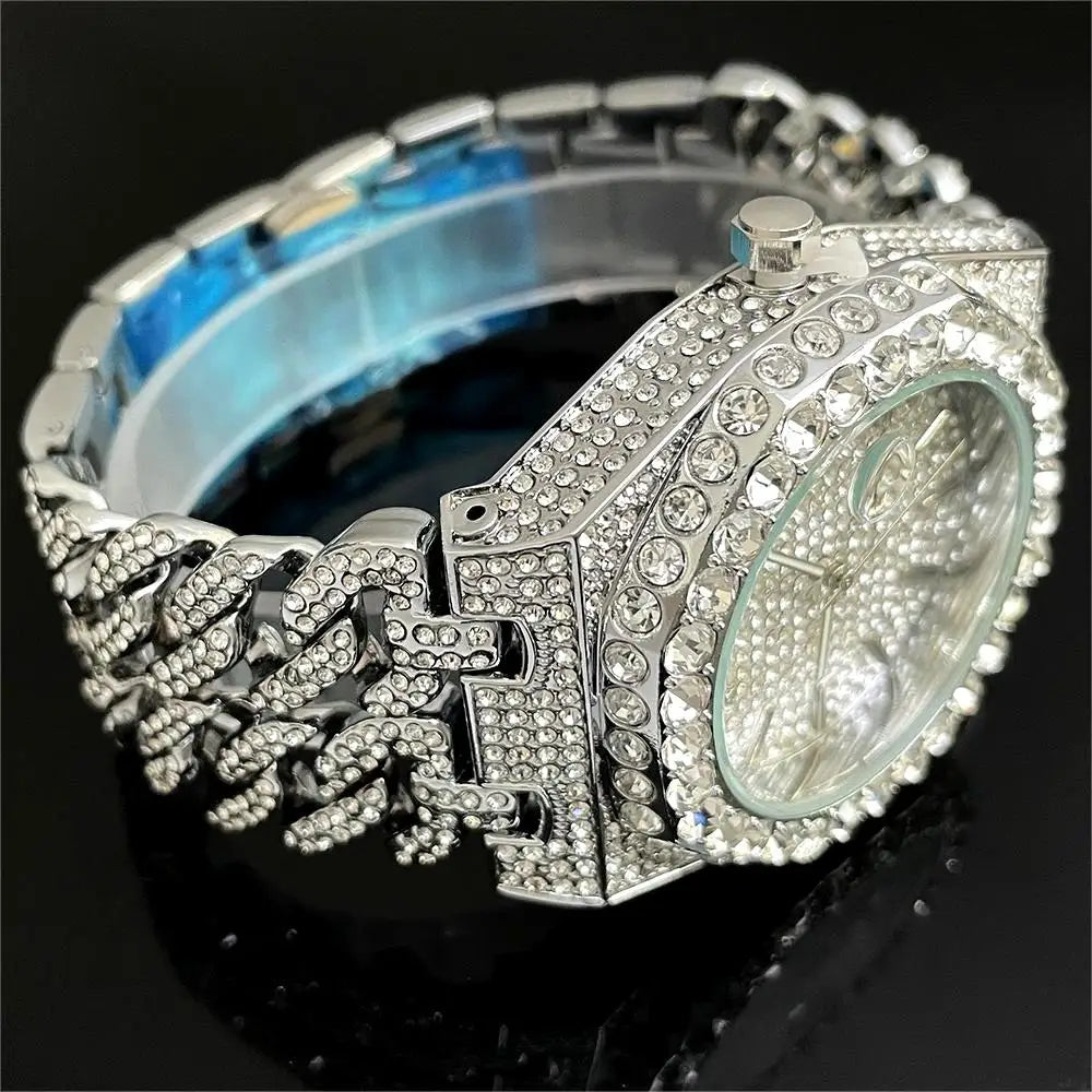 New Luxury  Watch For Men Brand MISSFOX Hip Hop Iced Out Diamond Watches Fashion Cuban Chain Quartz Clock 2025 Man Dropshipping