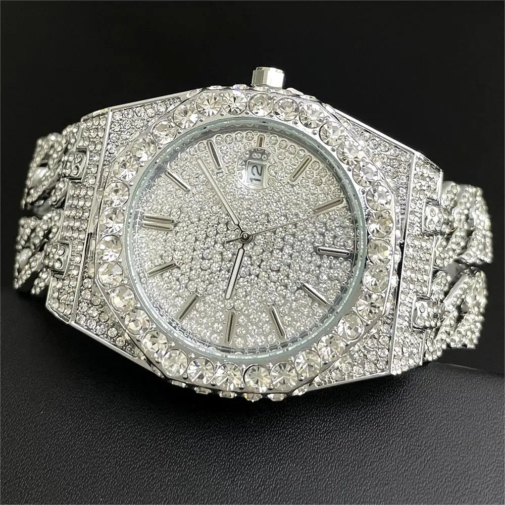 New Luxury  Watch For Men Brand MISSFOX Hip Hop Iced Out Diamond Watches Fashion Cuban Chain Quartz Clock 2025 Man Dropshipping