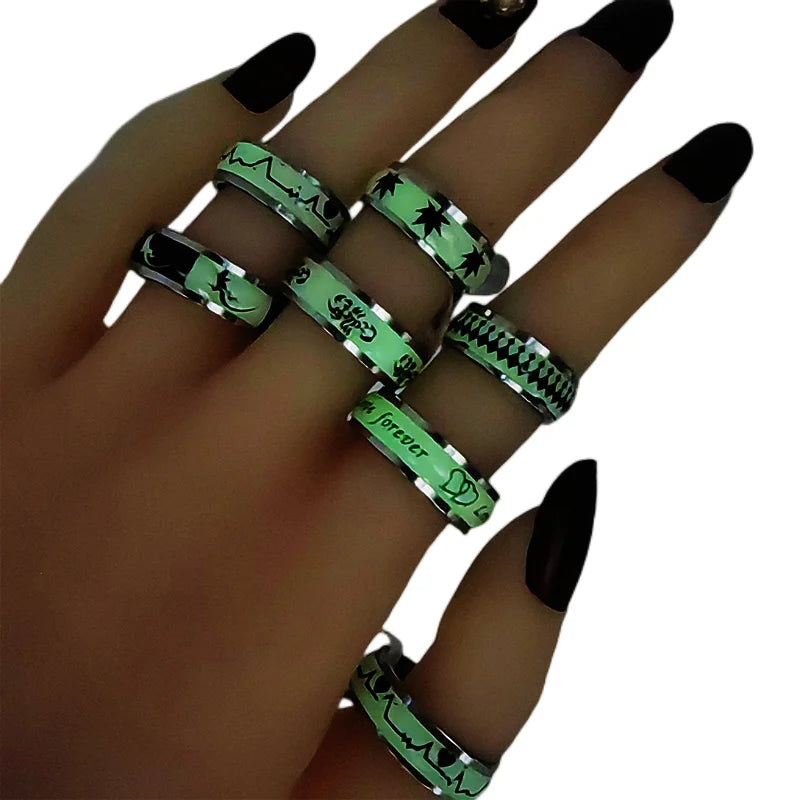 10pcs/lot Night Glow Stainless Steel Ring Men Punk Hip-Hop Mix Styles Rings Party Daily Wear Trend Finger Accessories Jewelry