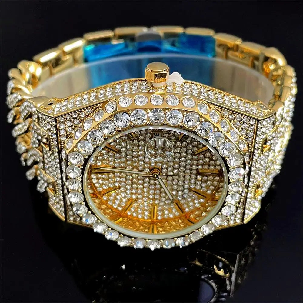 New Luxury  Watch For Men Brand MISSFOX Hip Hop Iced Out Diamond Watches Fashion Cuban Chain Quartz Clock 2025 Man Dropshipping