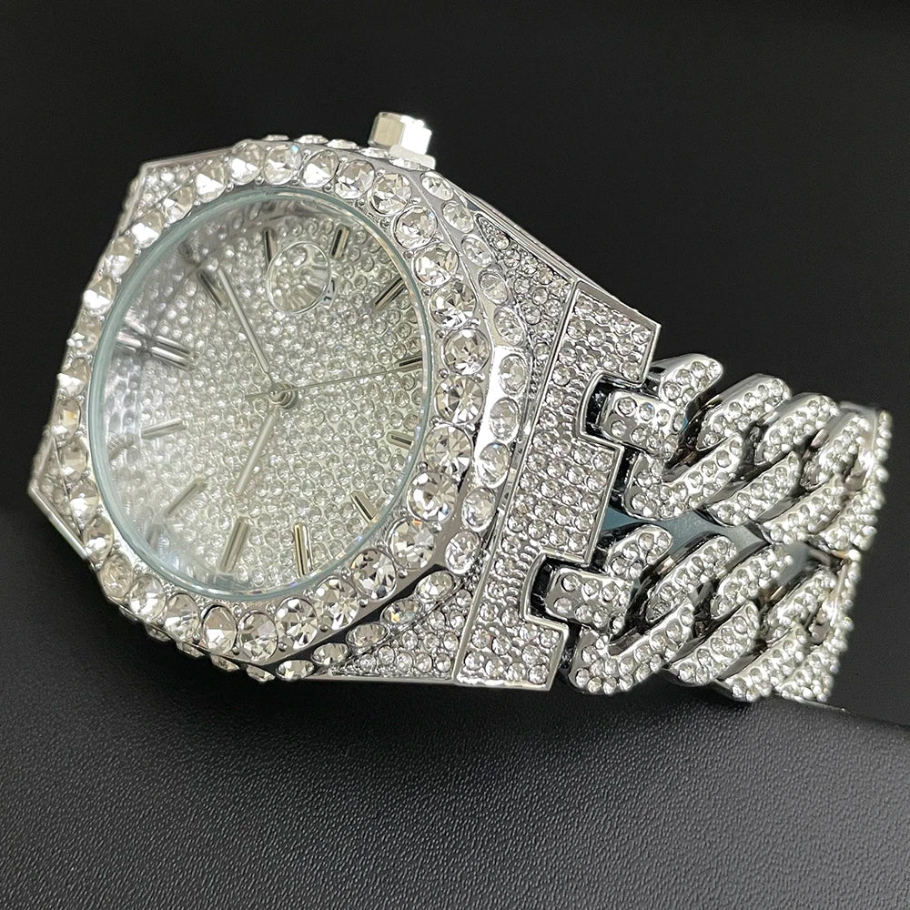 New Luxury  Watch For Men Brand MISSFOX Hip Hop Iced Out Diamond Watches Fashion Cuban Chain Quartz Clock 2025 Man Dropshipping