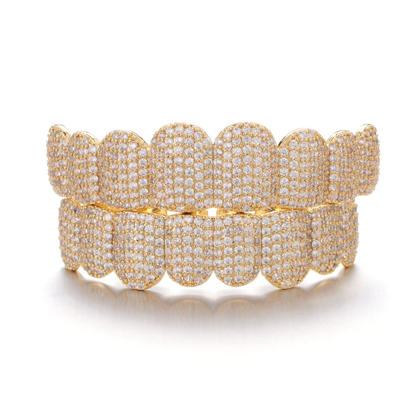 Hip Hop Full CZ Stones Teeth Grillz Caps Cubic Zircon Iced Out Micro Pave Top&Bottom Charm Grills For Men Women Jewelry