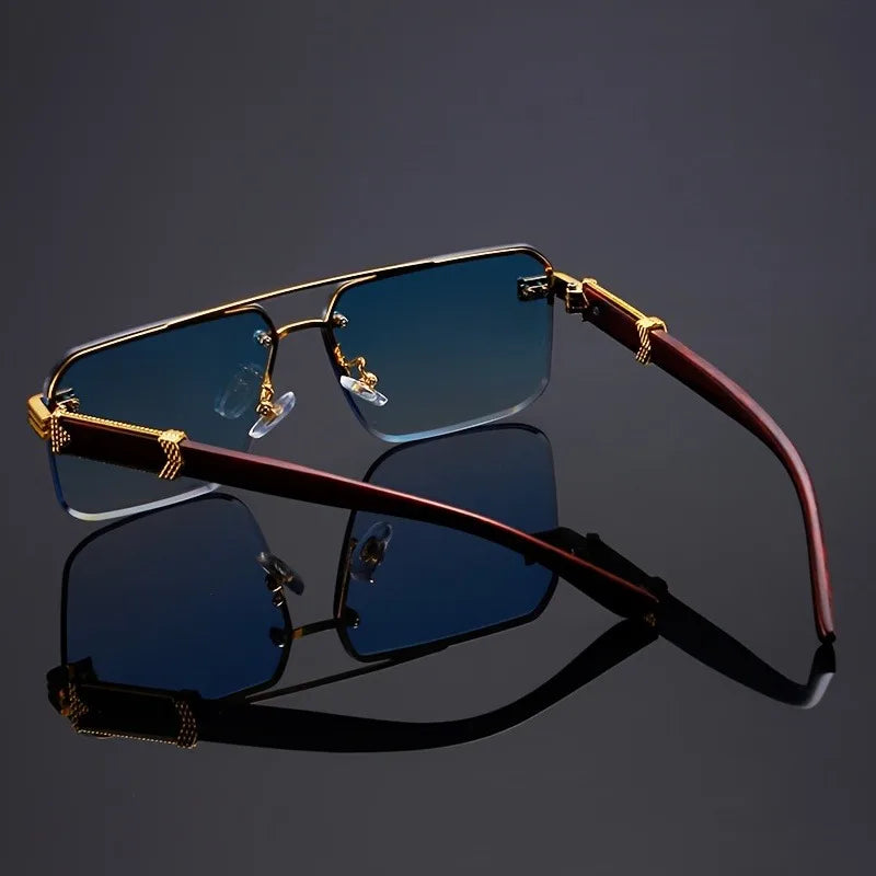 Trend Double Beam Rectangle Sunglasses Men Women Rimless Cut Edge Square Sun Glasses Fashion Frameless Wood Grain Shades UV400